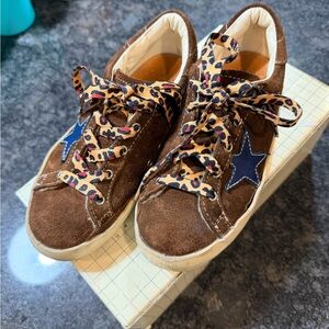 Golden Goose Kids Brown Suede Sneakers with Navy Star and Leopard Laces